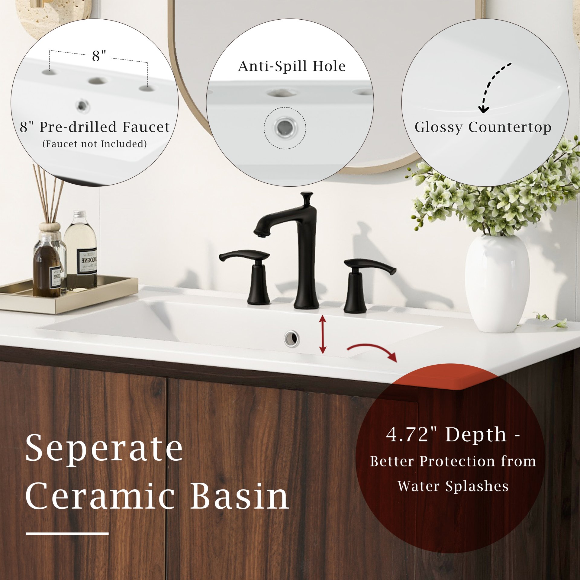 36" Modern Bathroom Vanity With Rectangle Ceramic Sink, Bathroom Cabinet And 45 Degrees Free Handle Design Soft Closing Doors, 1 Open Shelf At The Bottom - Dark Brown - Image 8