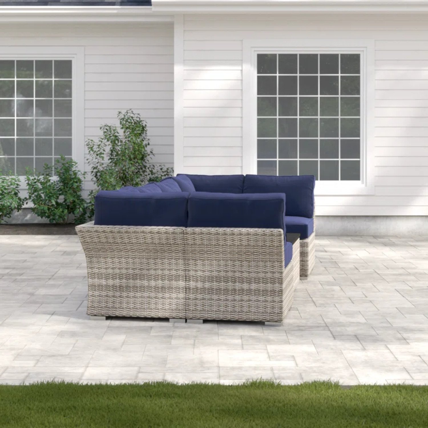 4 Person Wicker Seating Group With Sunbrella Fabric - Gray Mix / Navy Blue - Image 4