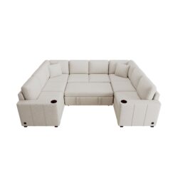 Convertible U Shaped Sectional Sofa With Pull Out Bed Chenille - Beige