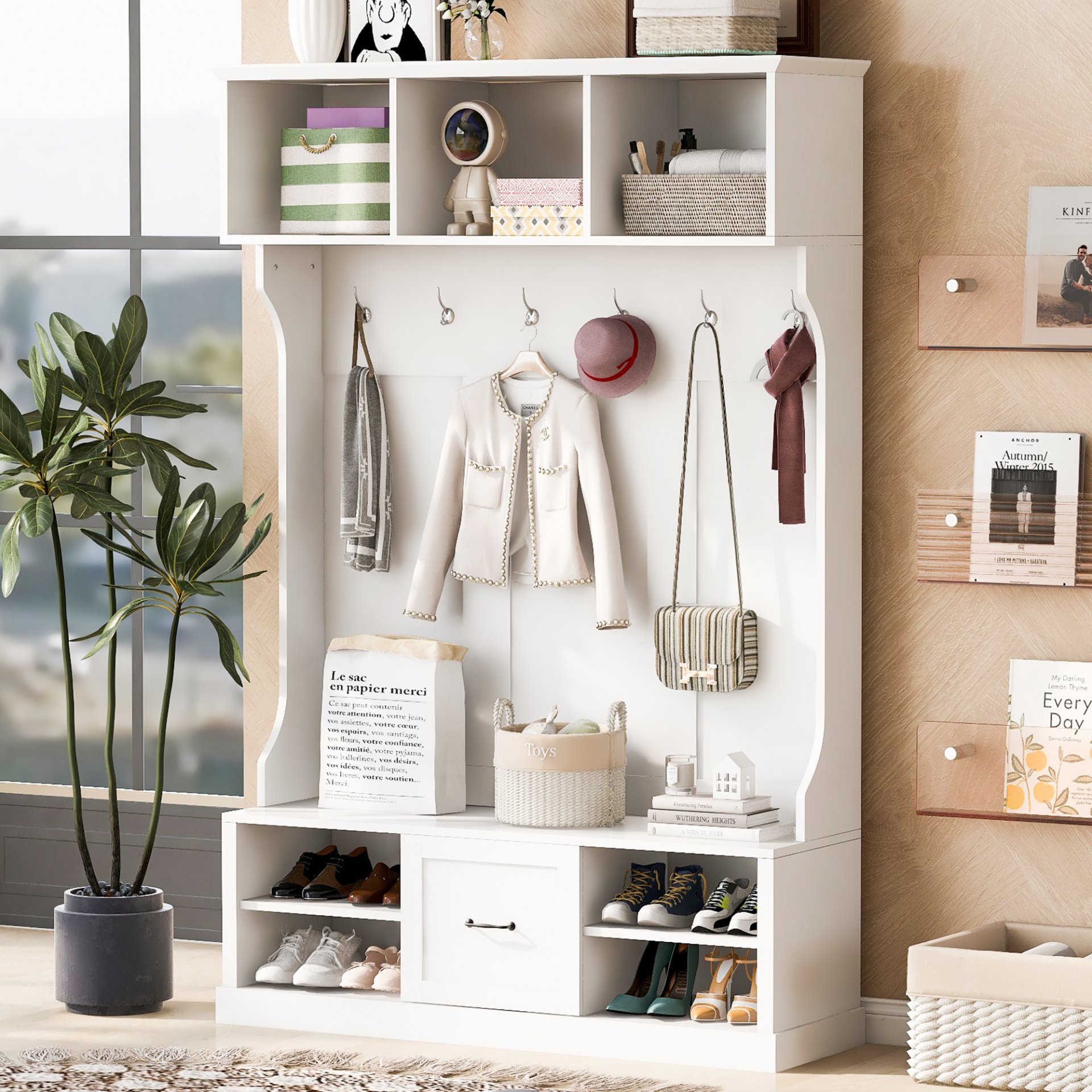 Hall Tree With 6 Hooks, Coat Hanger, Entryway Bench, 3 In 1 Design, A Spacious Drawer For Entrance, Living Room - White - Image 5