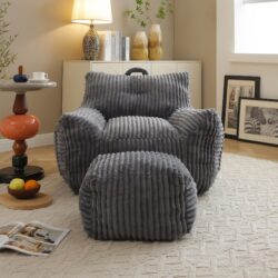 Giant Plush Bean Bag Chair For Adults With Armrests And Footstool, Comfy Corduroy Chaise Lounge - Gray
