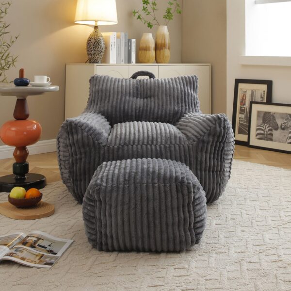 Giant Plush Bean Bag Chair For Adults With Armrests And Footstool, Comfy Corduroy Chaise Lounge - Gray
