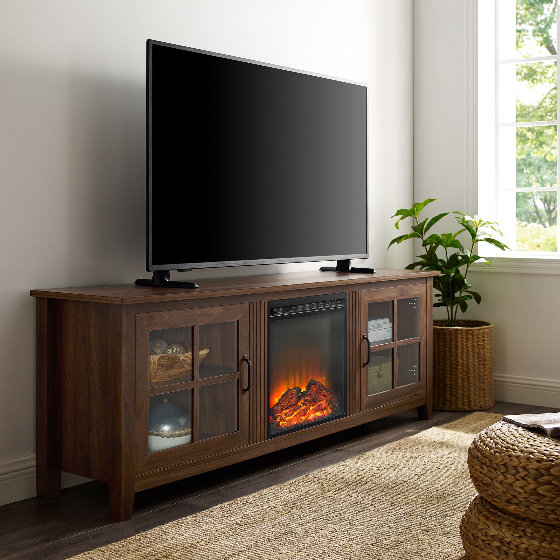 Modern Farmhouse 2 Door Glass Windowpane 70" Fireplace TV Stand For 80" TVs - Dark Walnut - Image 3