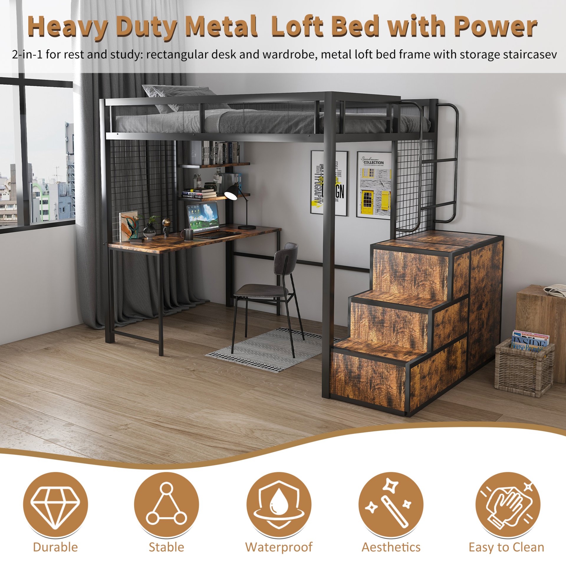 Heavy Duty Full Loft Bed With Desk & USB Charging Metal Frame With Storage Drawers And Staircase - Black - Image 14