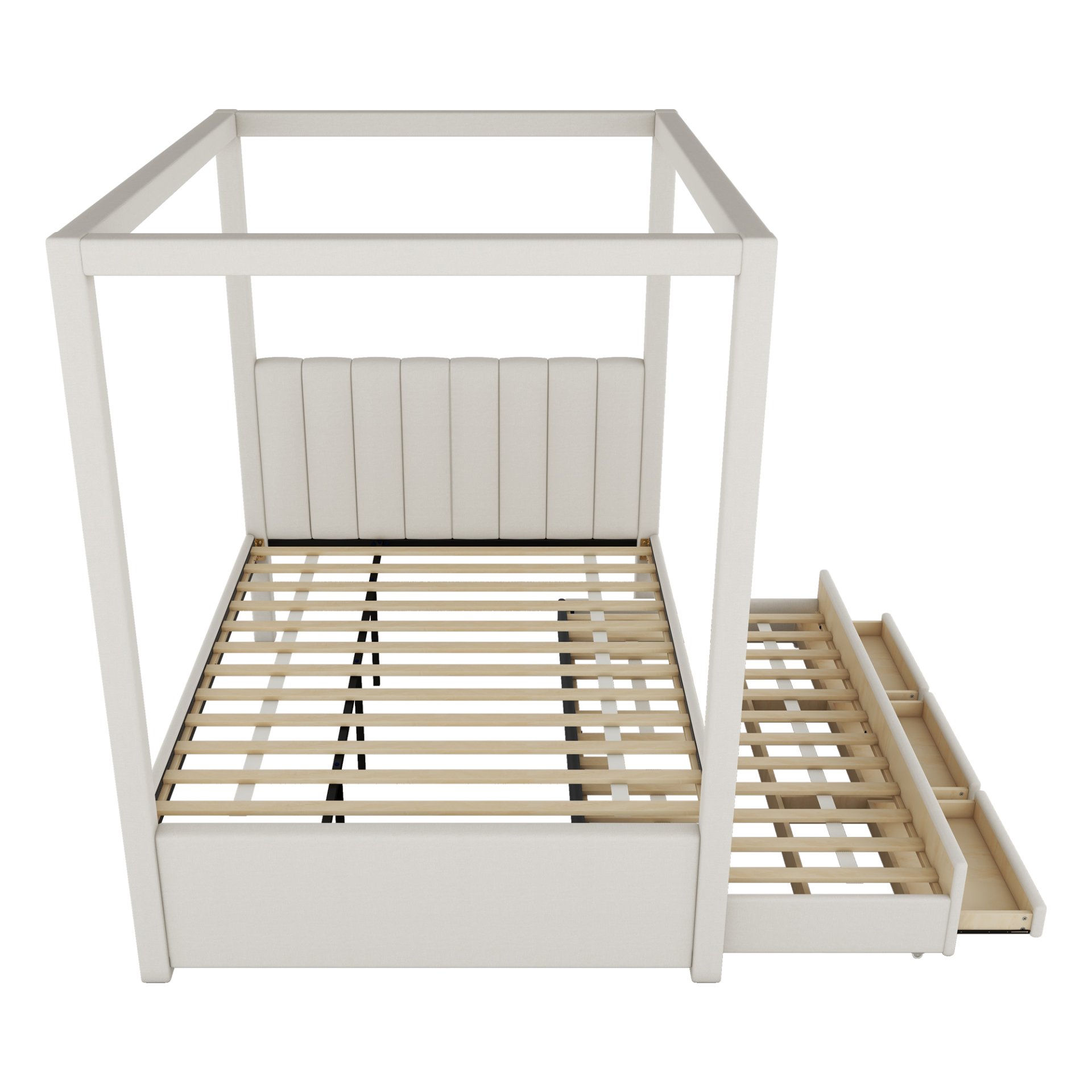 Full Size Upholstery Canopy Platform Bed With Trundle And Three Storage Drawers - Beige - Image 7