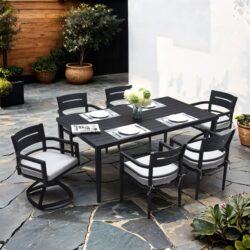 7 Piece Modern Outdoor Patio Dining Set Furniture, 4 Dining Chairs & 2 Swivel Rockers Sunbrella Fabric And Rectangle Dining Table With Umbrella Hole - Ember Black