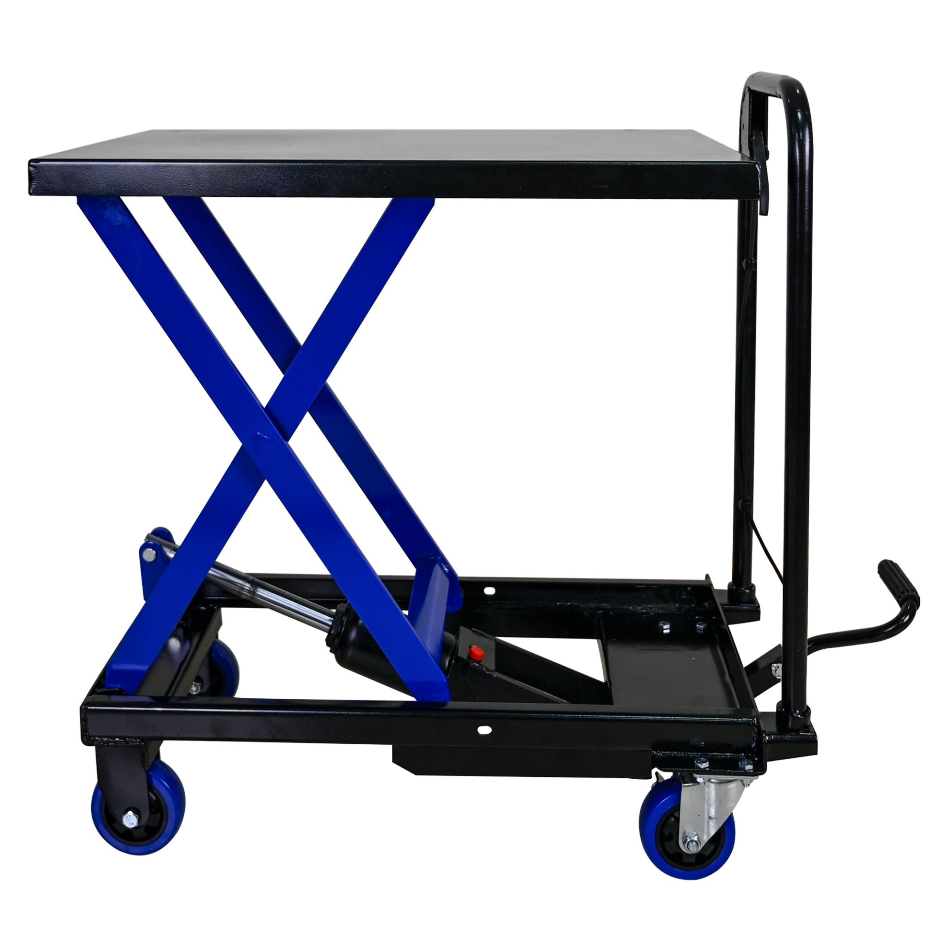 Hydraulic Lift Trolley, 500 Lbs Capacity, With 4 Wheels, For Material Handling And Transportation - Black / Blue - Image 4