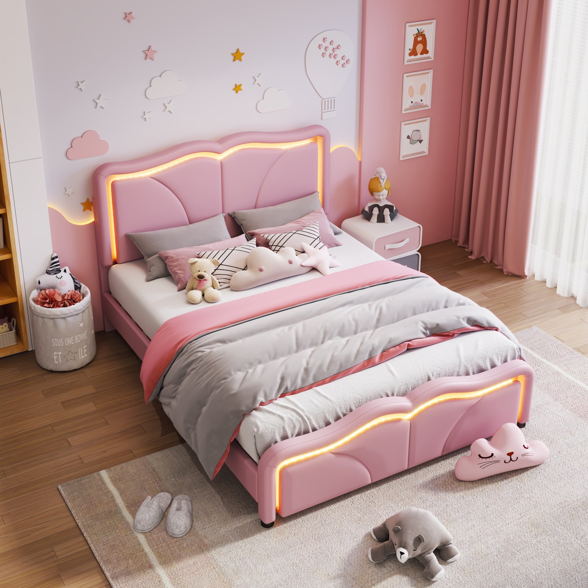 Full Size Upholstered Platform Bed With Curve Shaped And Height Adjustable Headboard, LED Light Strips - Pink - Image 12