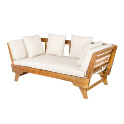 Outdoor Patio Daybed Sofa, 3 Seat Sofa With Foldable Arm 4 Back Pillows - Teak / Beige