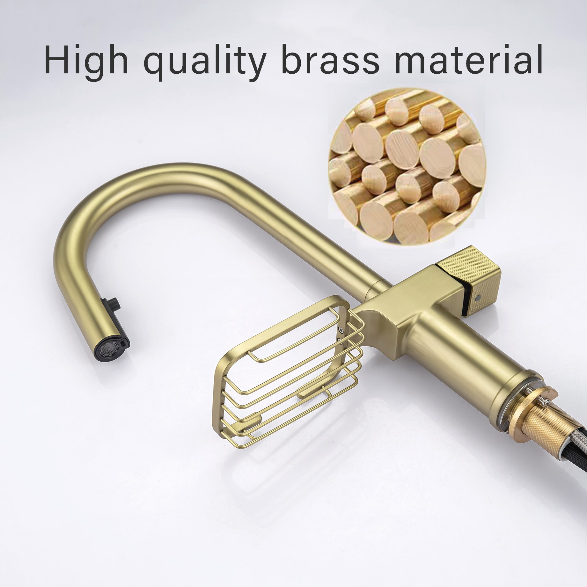 Cincosky - High Arc Pull Down Kitchen Faucet Single Hole Stainless Steel Sink Faucet - Brushed Gold - Image 7