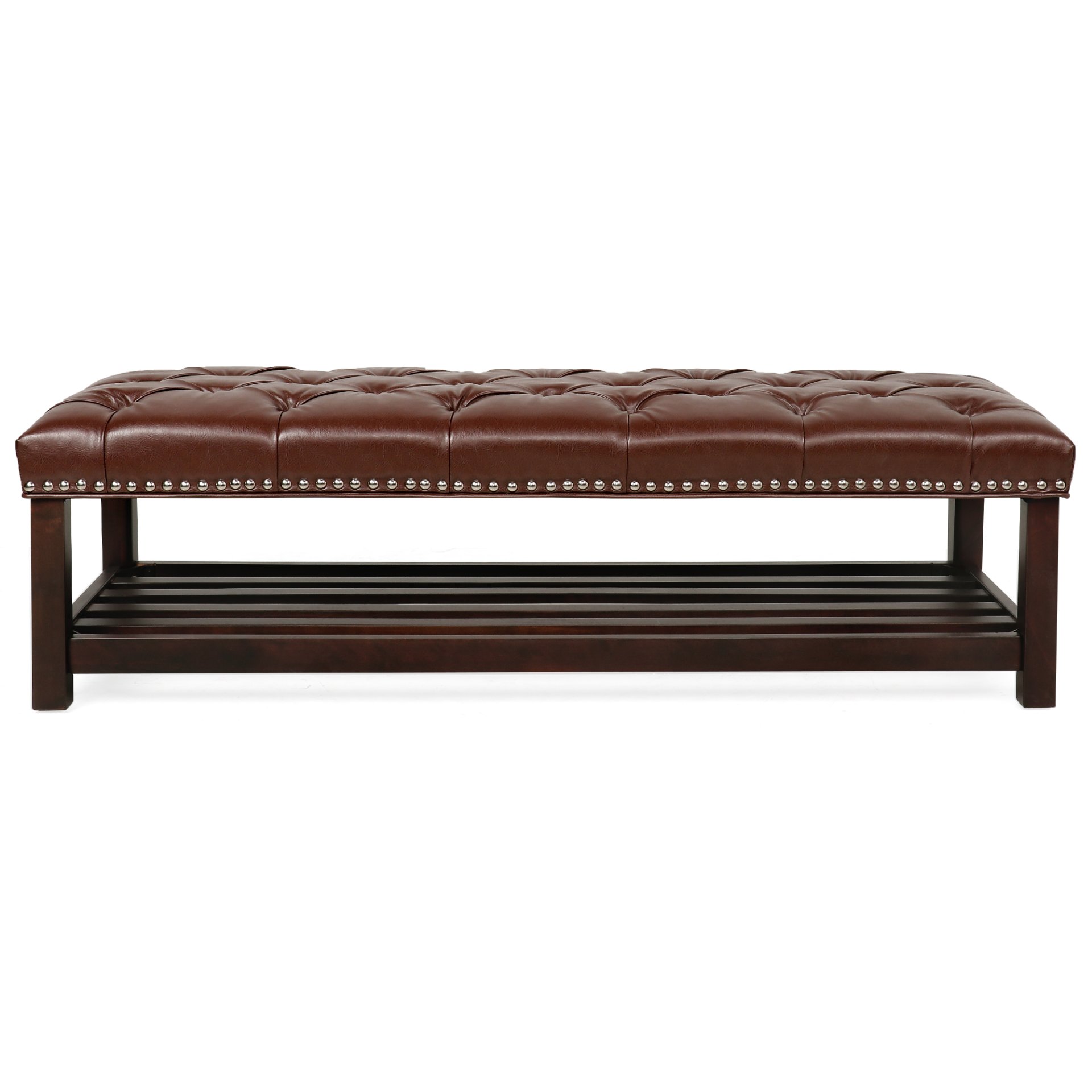 Bedroom End Of Bed Bench Tufted Upholstered End Of Bed Bench End Of Bed Entrance Shoe Bench, 60" With Nailhead Trim And Shelf Bedroom Upholstered Leather Bench Living Room Shoe Rack Footstool - Dark Brown - Image 7