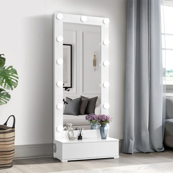 Elisa - Narrow Tall Mirror With Speaker And Drawer - White