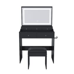 Makeup Vanity Set With Power Outlet, Hair Dryer Holder, And Adjustable Lighting - Black