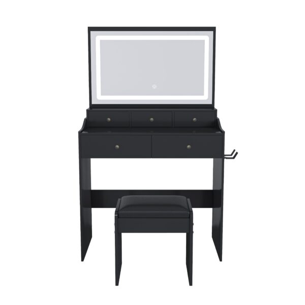 Makeup Vanity Set With Power Outlet, Hair Dryer Holder, And Adjustable Lighting - Black