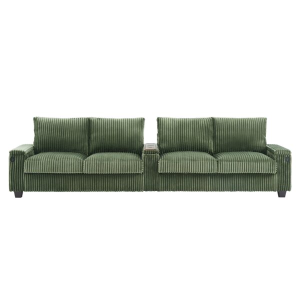 Modern 4 Seater Corduroy Sofa With USB Ports, Hidden Storage Arms, Flip Top Cup Holders - Green