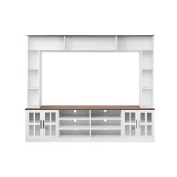Wall Unit Entertainment Center With Bookshelves For TVs Up To 80", Modern TV Stand Media Console With Cabinets, Tempered Glass Doors And Adjustable Shelves For Living Room - White
