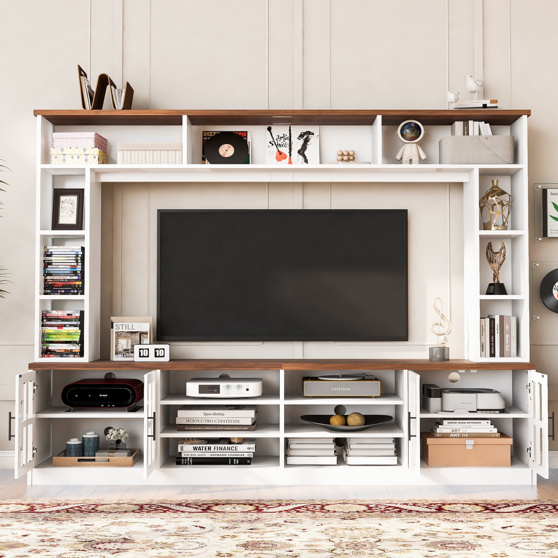 Wall Unit Entertainment Center With Bookshelves For TVs Up To 80", Modern TV Stand Media Console With Cabinets, Tempered Glass Doors And Adjustable Shelves For Living Room - White - Image 4