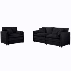 Modern Upholstered Chenille Loveseat And Armchair Set With Pillows, Deep Seat Luxury - Black