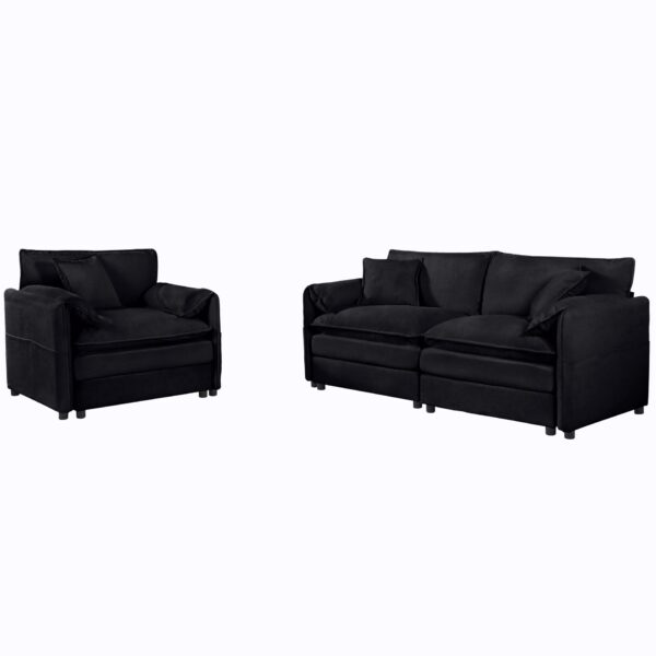 Modern Upholstered Chenille Loveseat And Armchair Set With Pillows, Deep Seat Luxury - Black