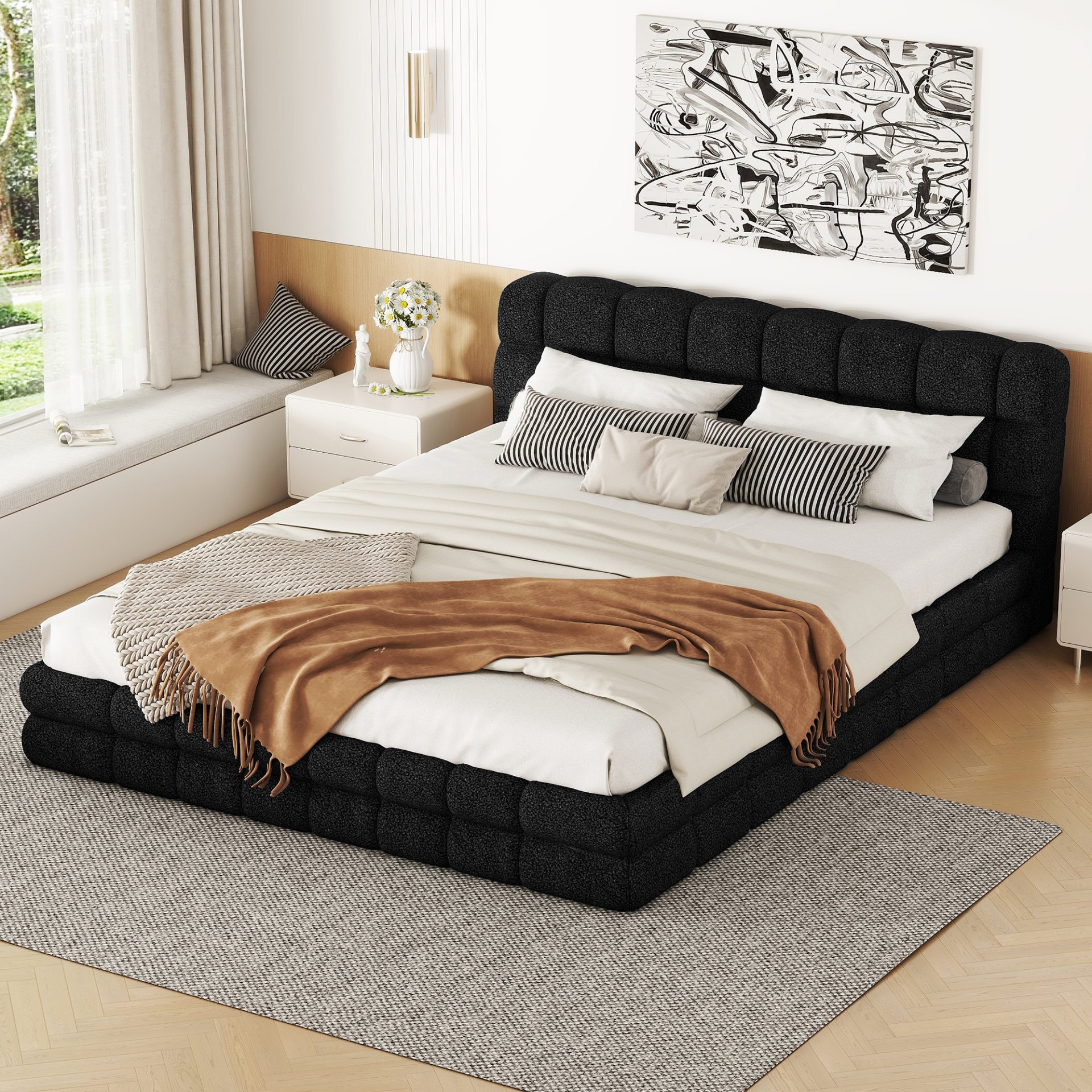 Queen Size Upholstered Platform Bed - Black - Image 5
