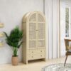 Tall Arched Kitchen Pantry, Arched Storage Display Cabinet With 2 Drawers & Adjustable Shelves, Rattan Door Versatile Storage Cabinet For Kitchen, Dining Room, Living Room - Natural - Image 4