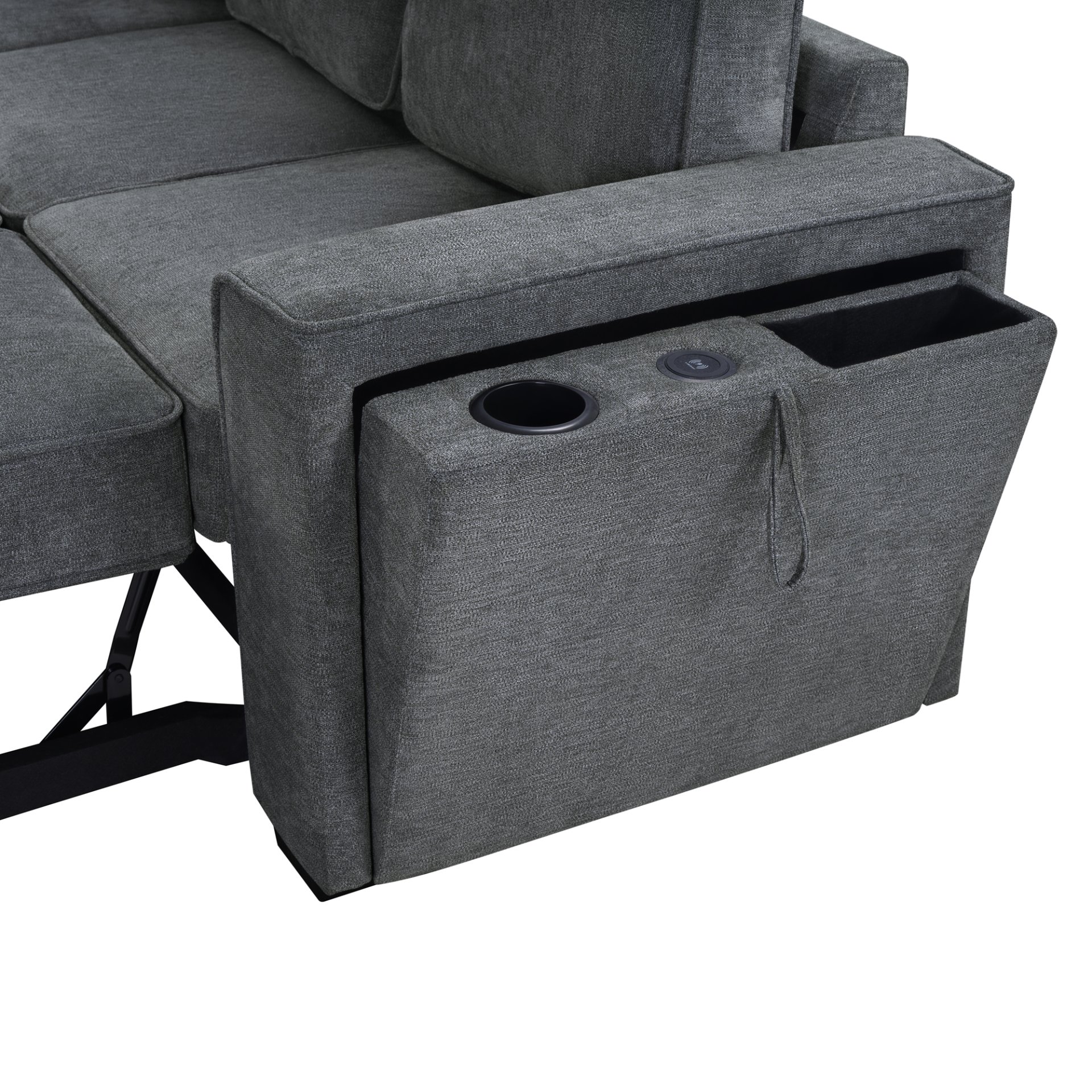 Convertible Sectional Sofa Bed Shaped Sofa With Dual Pull Out Sleepers, Flip Top Table, USB Ports, Cup Holder & Storage - Dark Gray - Image 14