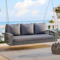 3 Person Porch Swing With Chains, Large Patio Swing Bench With Cushions For Backyard, Garden, And Poolside - Gray