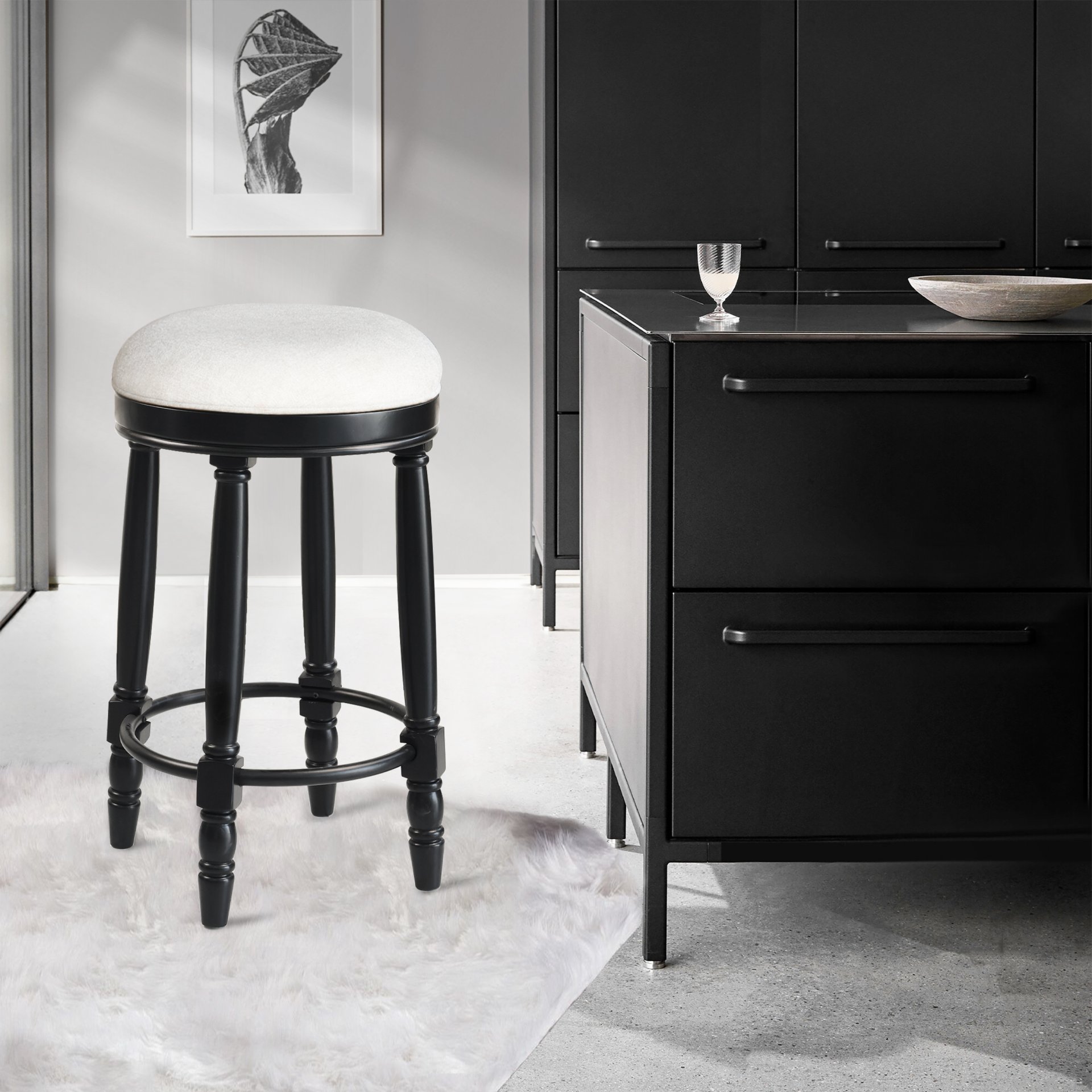 360° Swivel Wooden Barstools, 26" Counter Height (Set of 2) With Fabric Upholstered Seat - Black - Image 8