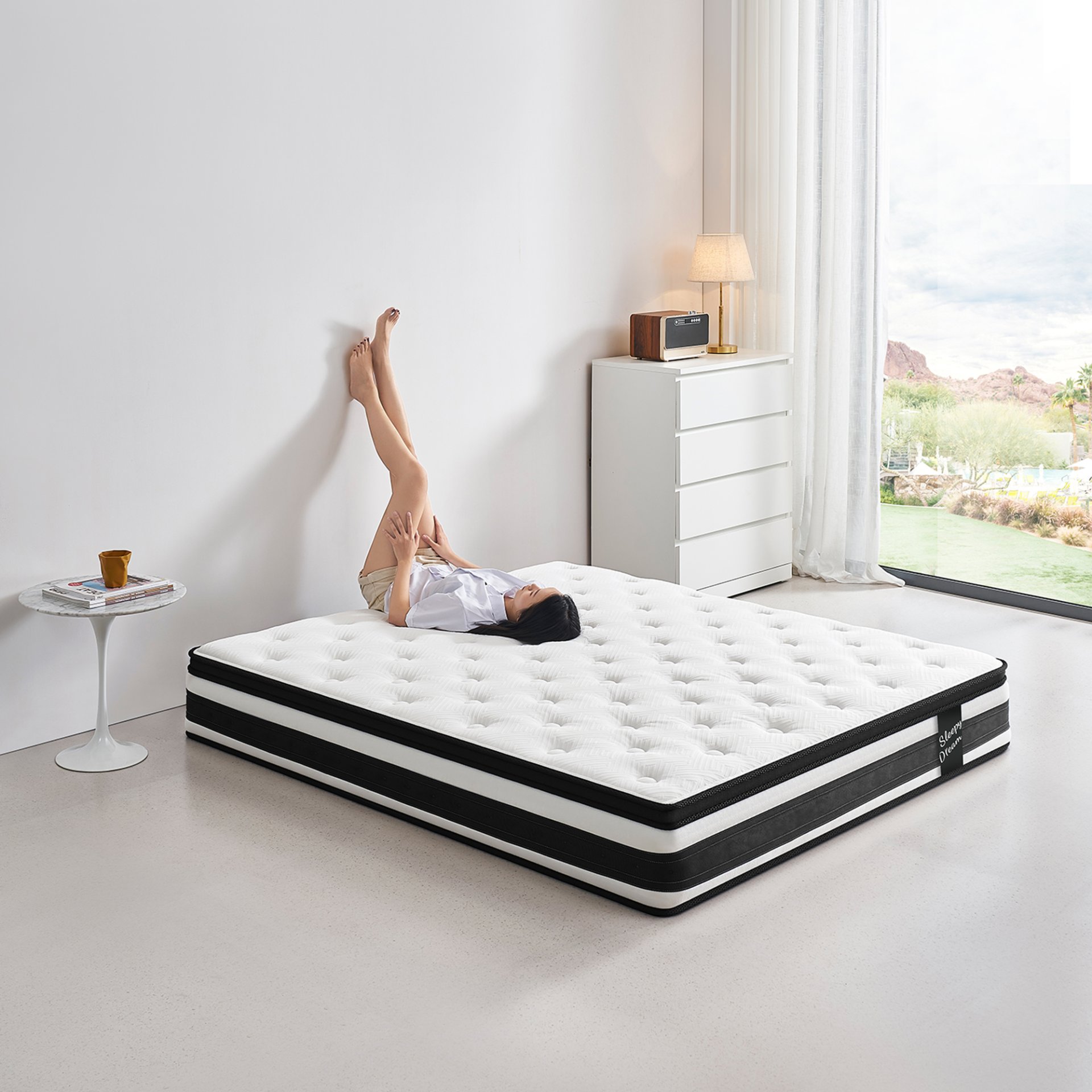 12" Full Size Hybrid Mattress Breathable Cool Knitted Cover Soft Memory Foam Individual Pocket Spring - White / Black - Image 5