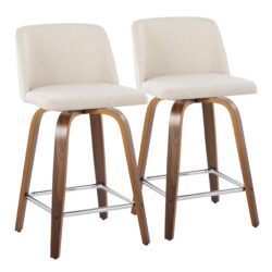Toriano - Mid-Century Modern Fixed Height Counter Stool With Swivel And Square Footrest (Set of 2) - Walnut / Cream