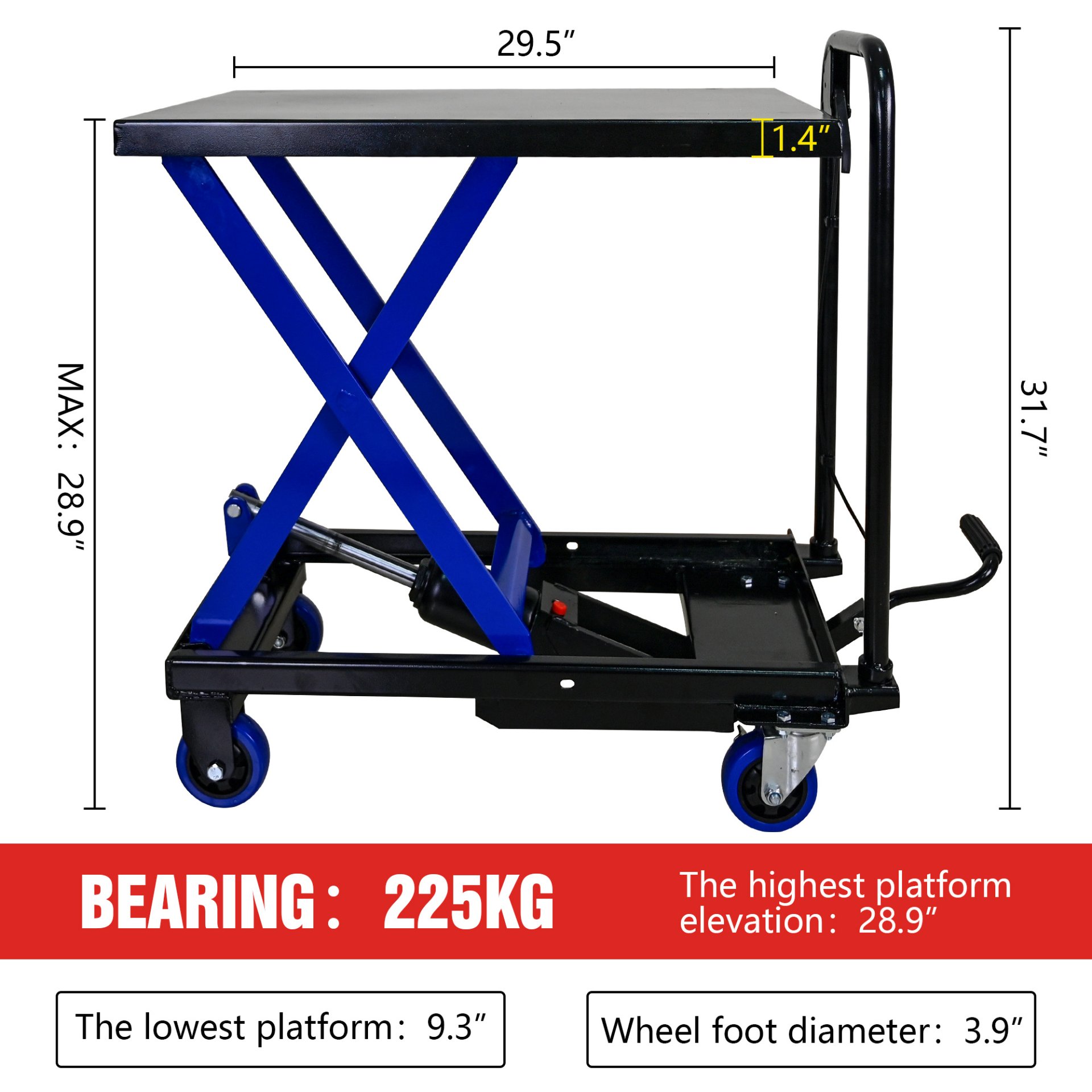 Hydraulic Lift Trolley, 500 Lbs Capacity, With 4 Wheels, For Material Handling And Transportation - Black / Blue - Image 3