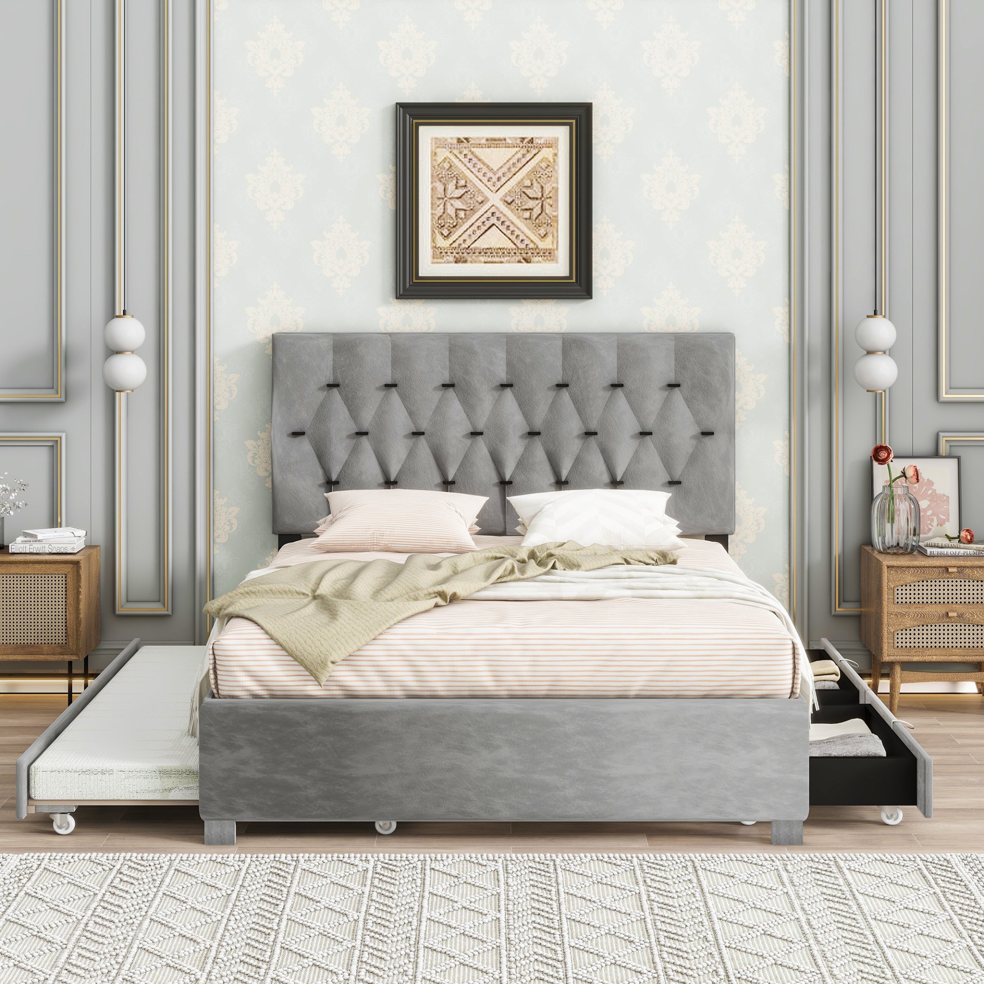Queen Size Upholstered Trundle Bed With Storage Drawers, Pull Out Design, Space Saving, Sturdy Frame - Gray - Image 5