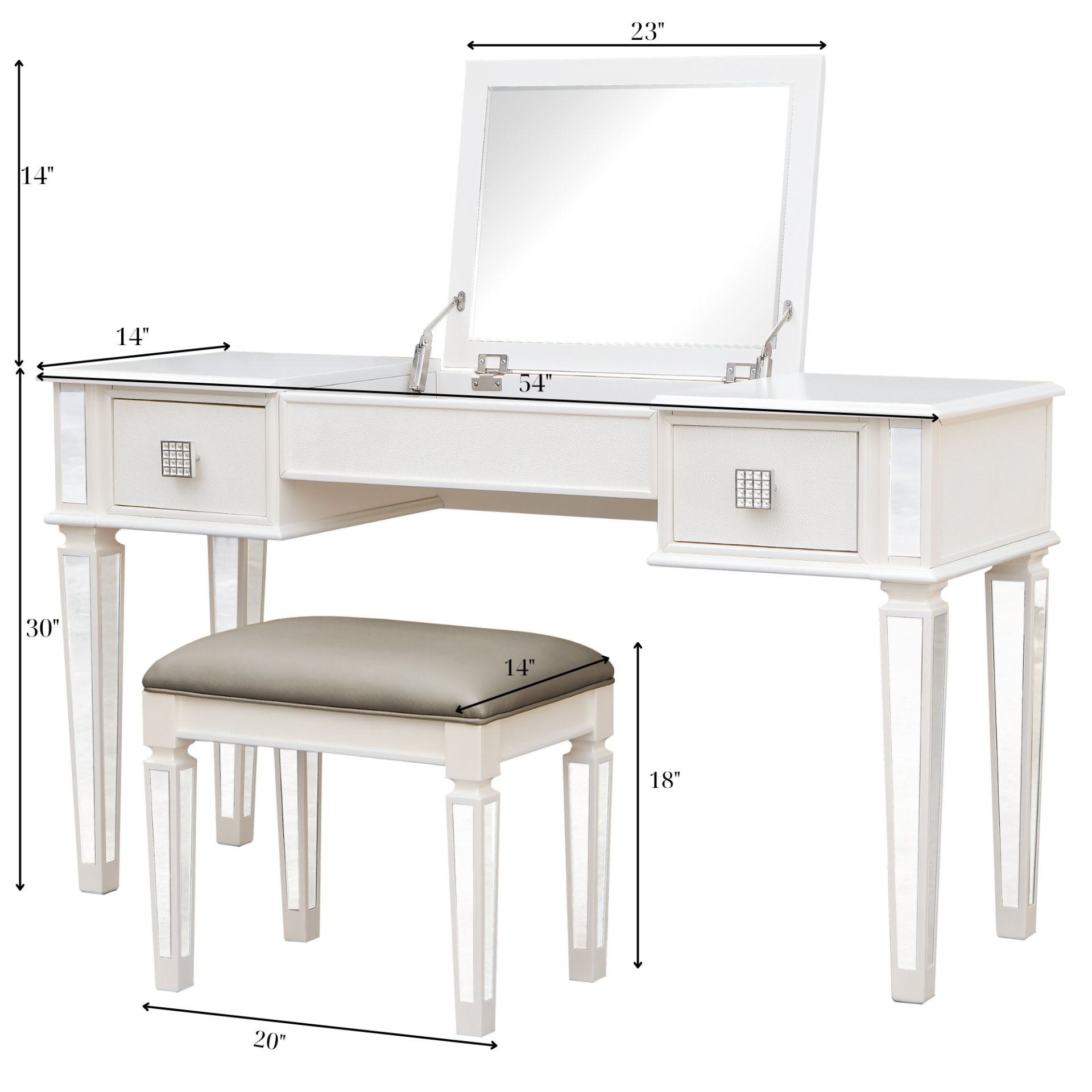 Elegant Mirrored Vanity Desk Set With Drawers And Flip Up Mirror, Silver Finish, Glass And Wood - White - Image 3