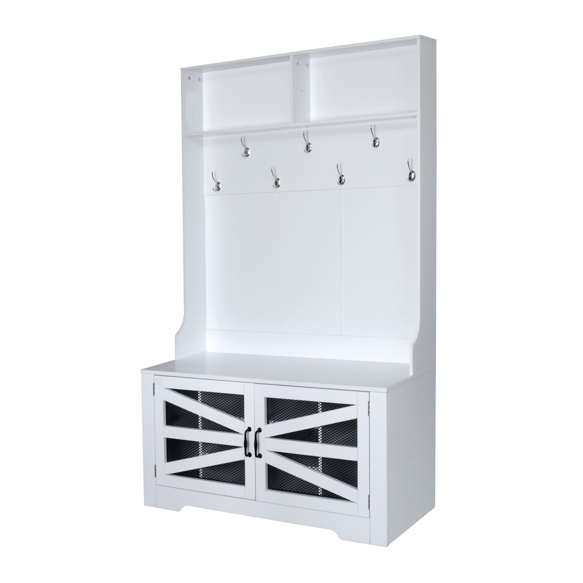 Entryway Bench With Coat Rack, 3 In 1 Design And Adjustable Shelves, Hall Tree With 7 Hooks For Entrance, Living Room - White - Image 10