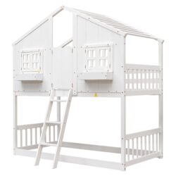 Twin Over Twin House Bunk Bed With Roof, Window, Window Box, Door, With Safety Guardrails And Ladder - White