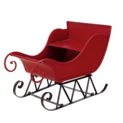 Iron Sleigh Small, Distressed Christmas Santa Sleigh Holiday Tabletop / Hanging Decoration - Black / Red