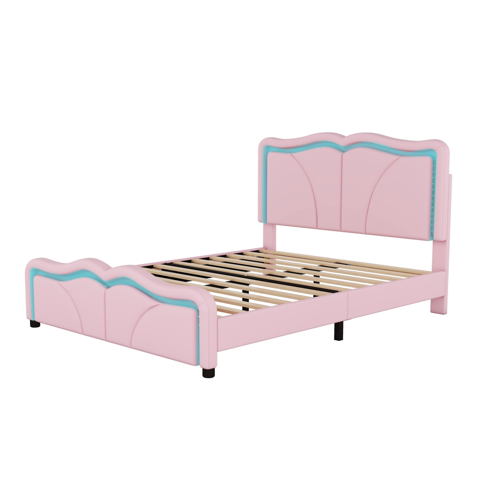 Full Size Upholstered Platform Bed With Curve Shaped And Height Adjustable Headboard, LED Light Strips - Pink - Image 8