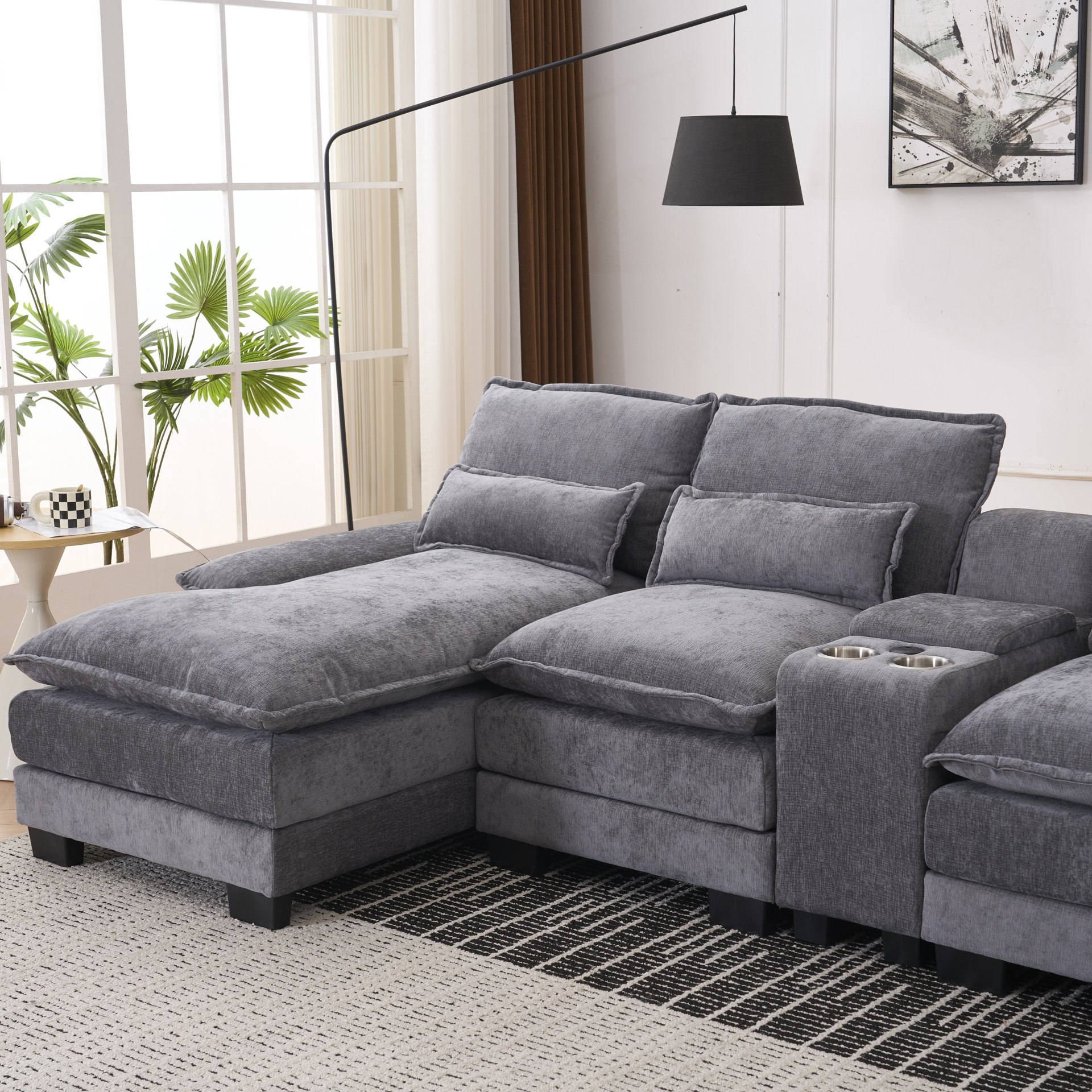 U Shaped Sofa With Console, Cupholders, USB Ports, 6 Seat Upholstered Symmetrical Sleeper Couch - Gray - Image 9