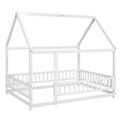 Full Size Floor Wooden Bed With House Roof Frame, Fence Guardrails - White