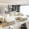 Plush Corduroy 4 Seat Sofa, Modern Comfy Upholstered Sofa Cloud Couch, Deep Seat Couches With Soft Pillows And 2 Ottomans, Convertible Sofa Lounge Chair, For Living Room, Apartment, Office - Beige - Image 2