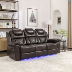 Home Theater Seating Manual Recliner Chair With Center Console And Led Light Strip For Living Room - Brown