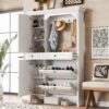 Hall Tree With Integrated Shoe Cabinet And Mirrored Cabinet Door, Coat Hanger, Entryway Bench, 4 In 1 Design, 2 Flip Drawers, 4 Hooks And 2 Cabinets For Entrance, Living Room - White - Image 5