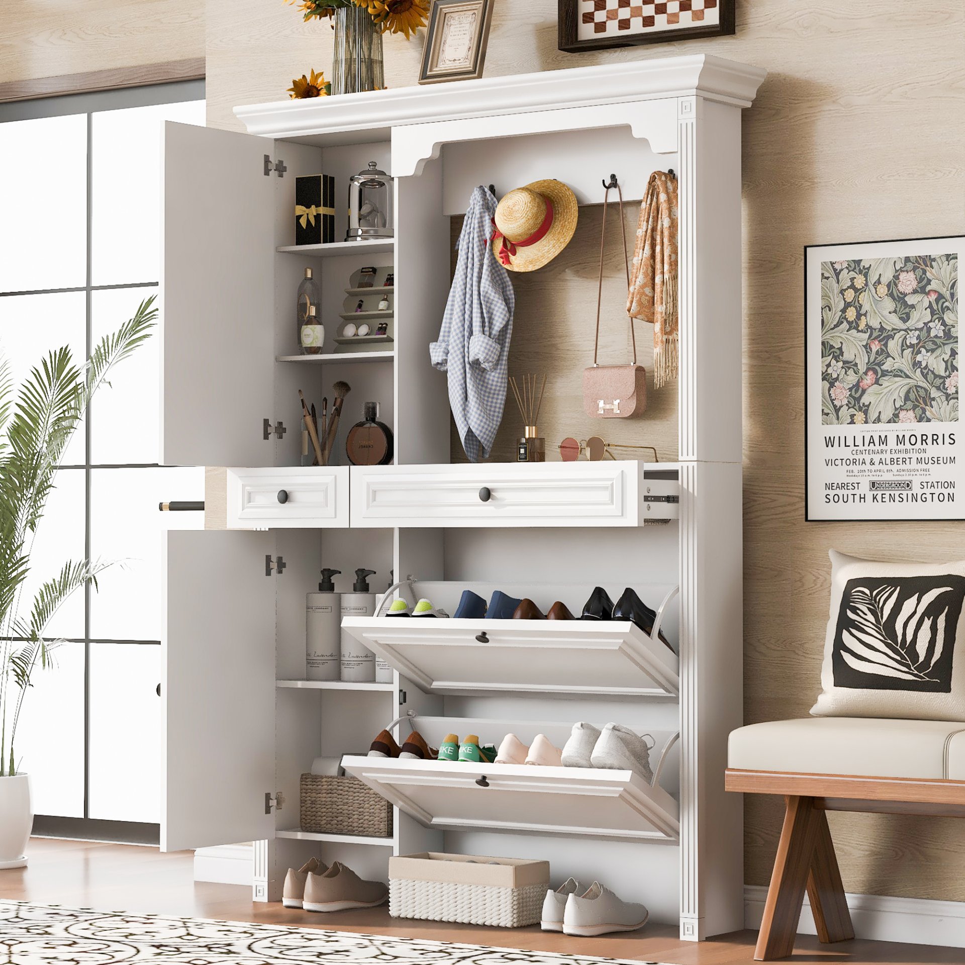 Hall Tree With Integrated Shoe Cabinet And Mirrored Cabinet Door, Coat Hanger, Entryway Bench, 4 In 1 Design, 2 Flip Drawers, 4 Hooks And 2 Cabinets For Entrance, Living Room - White - Image 5