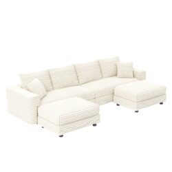 Plush Corduroy 4 Seat Sofa, Modern Comfy Upholstered Sofa Cloud Couch, Deep Seat Couches With Soft Pillows And 2 Ottomans, Convertible Sofa Lounge Chair, For Living Room, Apartment, Office - Beige