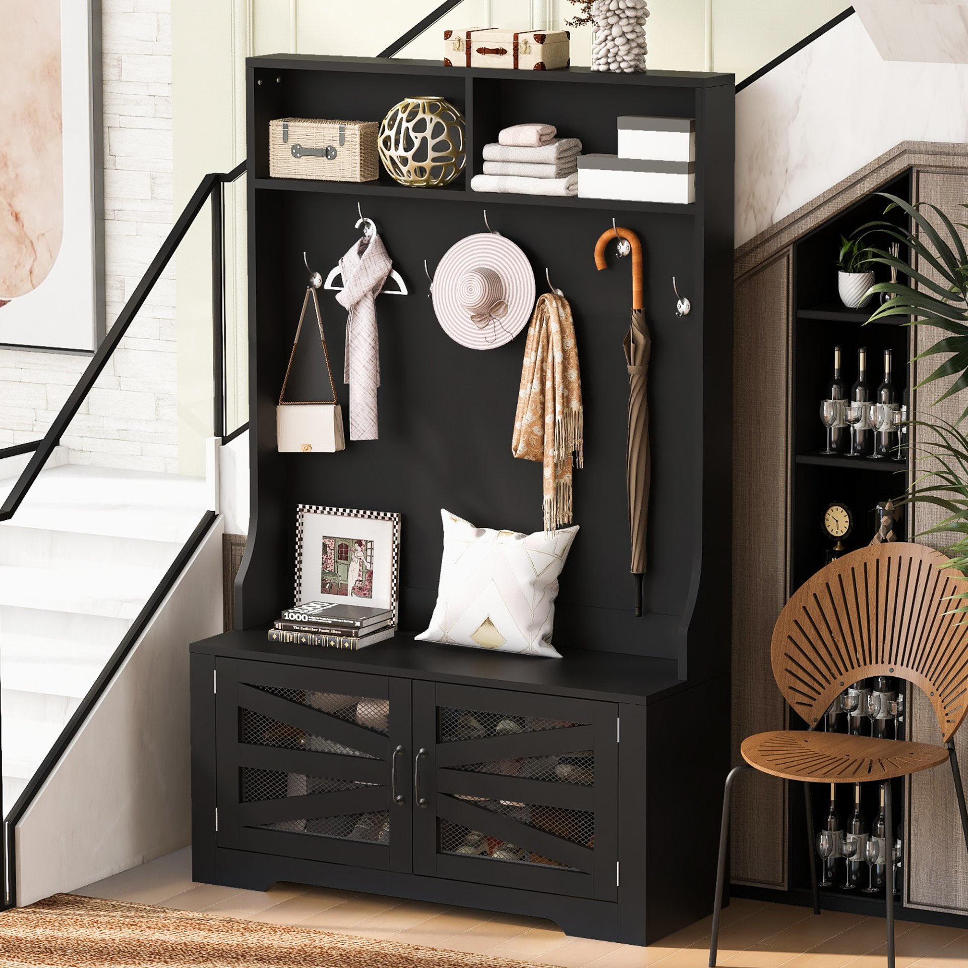 Entryway Bench With Coat Rack, 3 In 1 Design And Adjustable Shelves, Hall Tree With 7 Hooks For Entrance, Living Room - Black - Image 3
