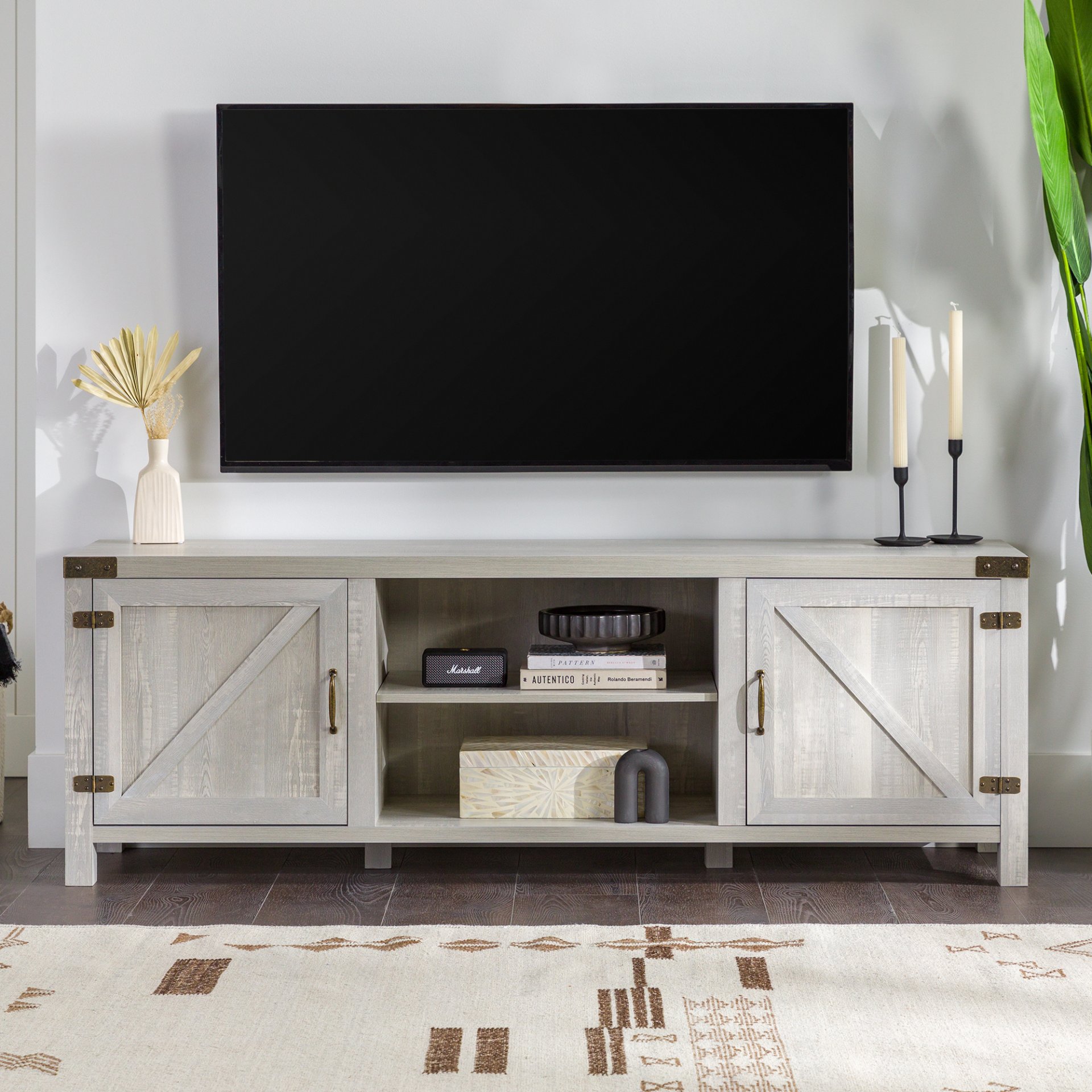 Rustic Farmhouse Double Barn Door 70" TV Stand For 80" TVs With Center Shelves - Stone Gray - Image 4