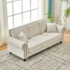 3 Seater Sofa With Rolled Arms And Nailhead Trim Upholstered Couch - Beige - Image 6