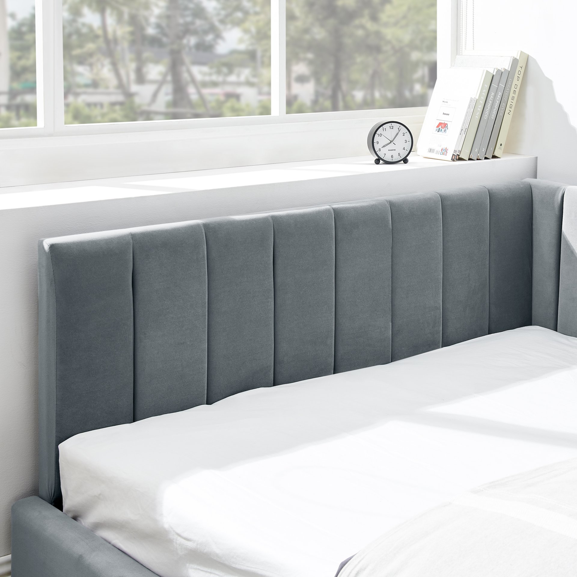 Mid Century Upholstered Tufted Bed Frame With Backrest And Armrests Velvet Full Size - Gray - Image 6