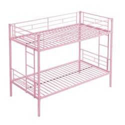 Twin Over Twin Modern Metal Bunk Bed With Sturdy Design - Pink