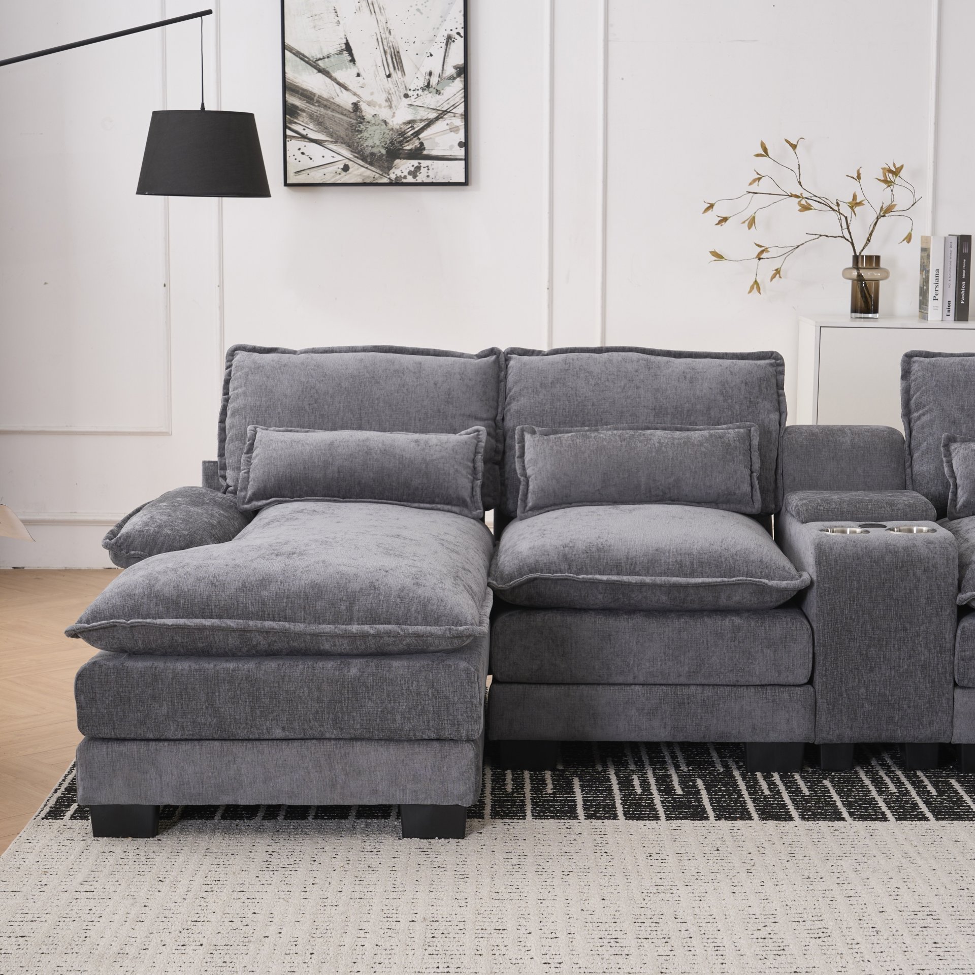 U Shaped Sofa With Console, Cupholders, USB Ports, 6 Seat Upholstered Symmetrical Sleeper Couch - Gray - Image 11